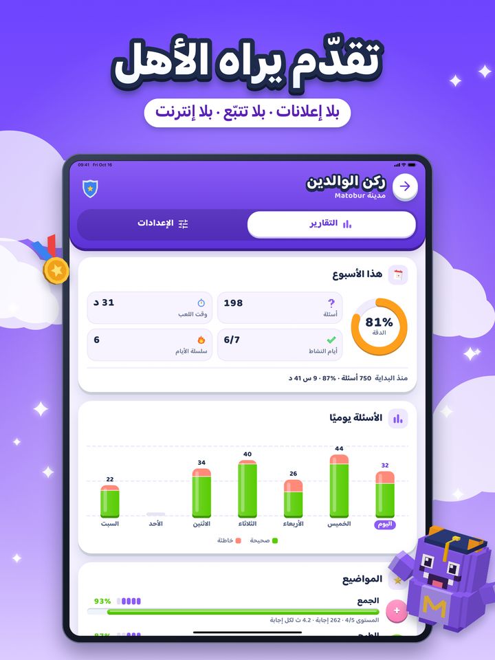 ركن الوالدين على iPad: الدقة الأسبوعية، وعدد الأسئلة يوميًا، والتقدّم في كل موضوع.