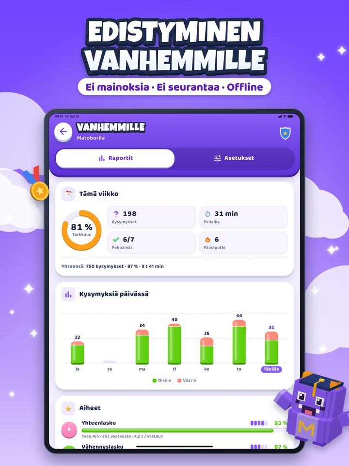 Vanhemmille-osio iPadilla: viikon tarkkuus, kysymykset päivittäin ja edistyminen joka aiheessa.