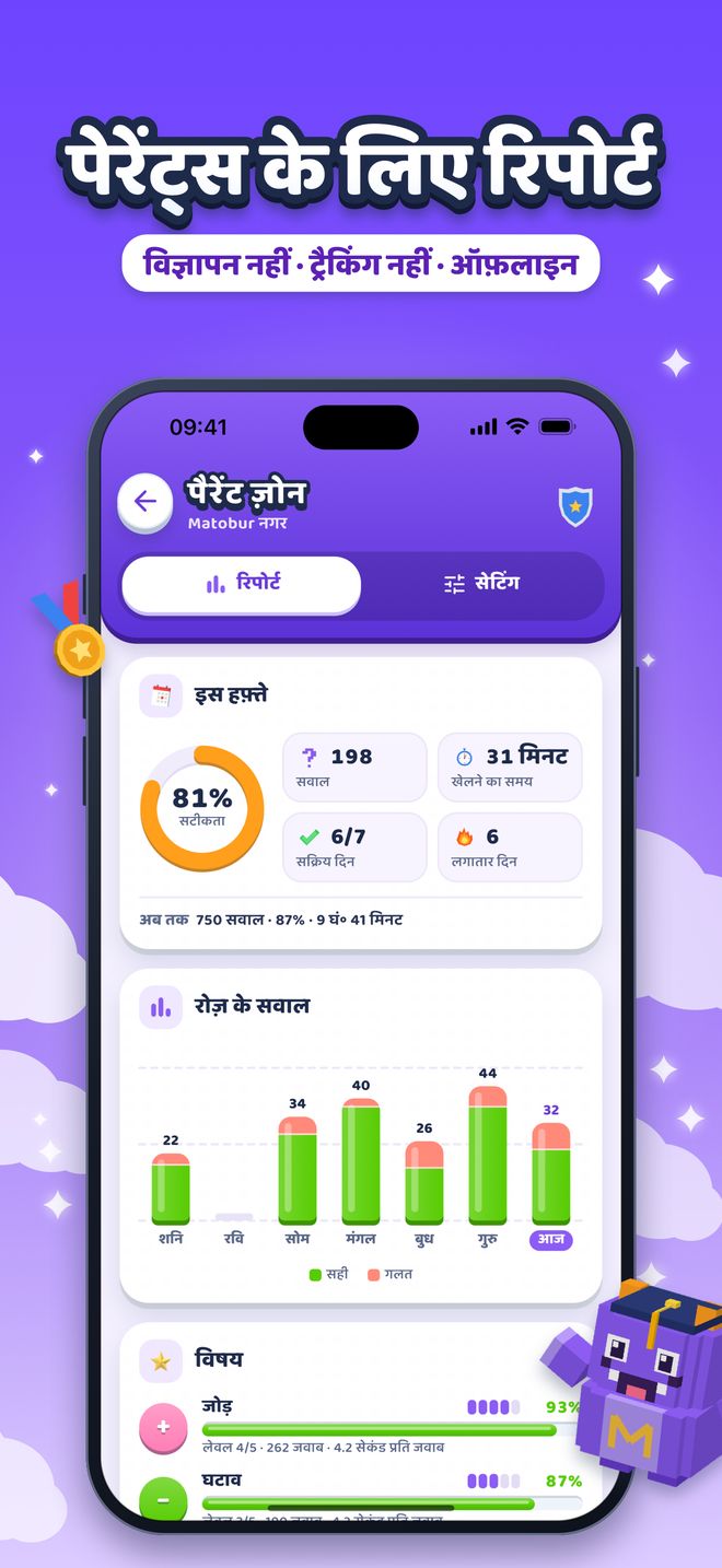पेरेंट्स के लिए रिपोर्ट: विज्ञापन नहीं · ट्रैकिंग नहीं · ऑफ़लाइन