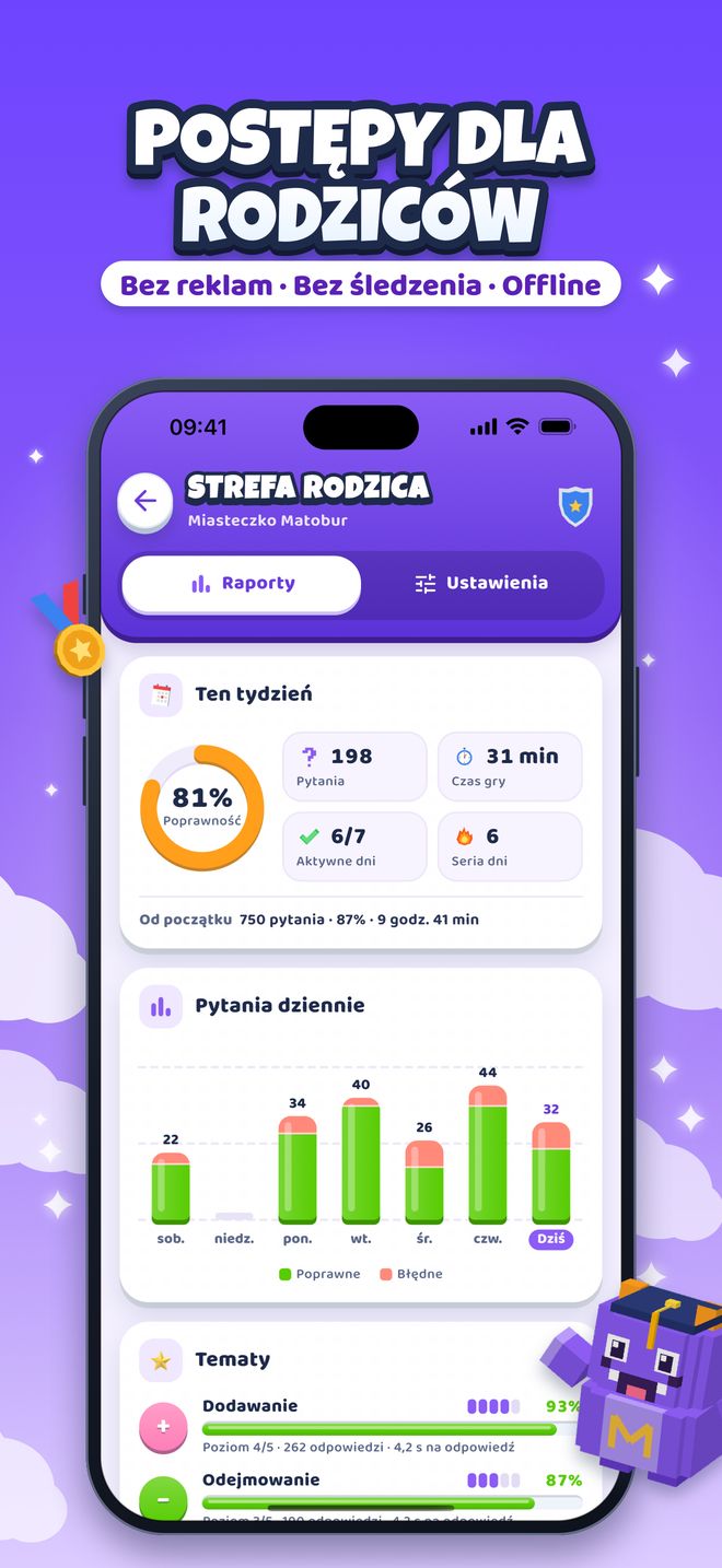 Postępy dla rodziców: Bez reklam · Bez śledzenia · Offline