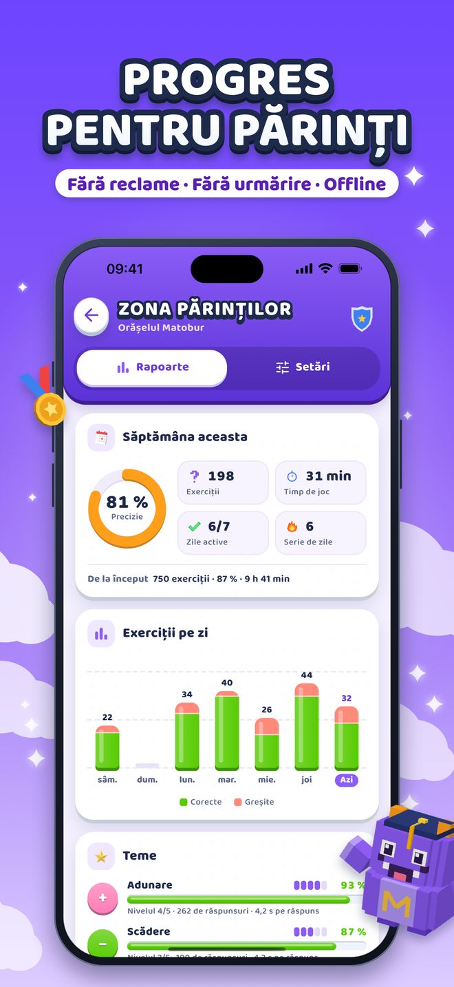 Progres pentru părinți: Fără reclame · Fără urmărire · Offline