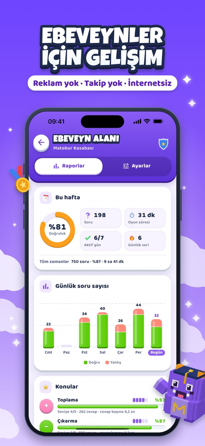 Ebeveynler için gelişim: Reklam yok · Takip yok · İnternetsiz