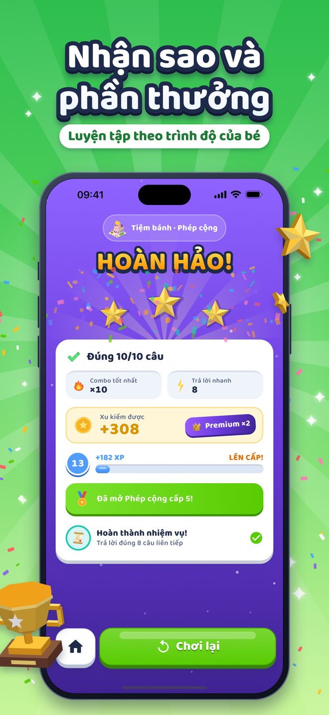 Nhận sao và phần thưởng: Luyện tập theo trình độ của bé